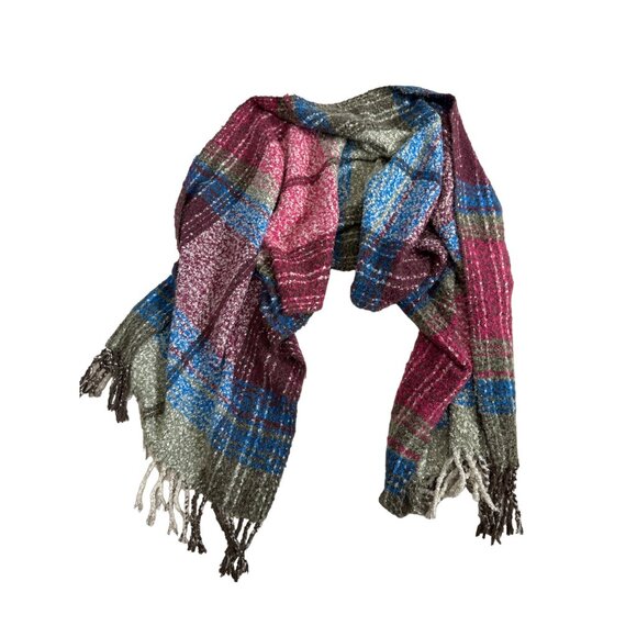 Unbranded boucle green red blue plaid 22” wide cozy soft fringed scarf - Picture 3 of 5